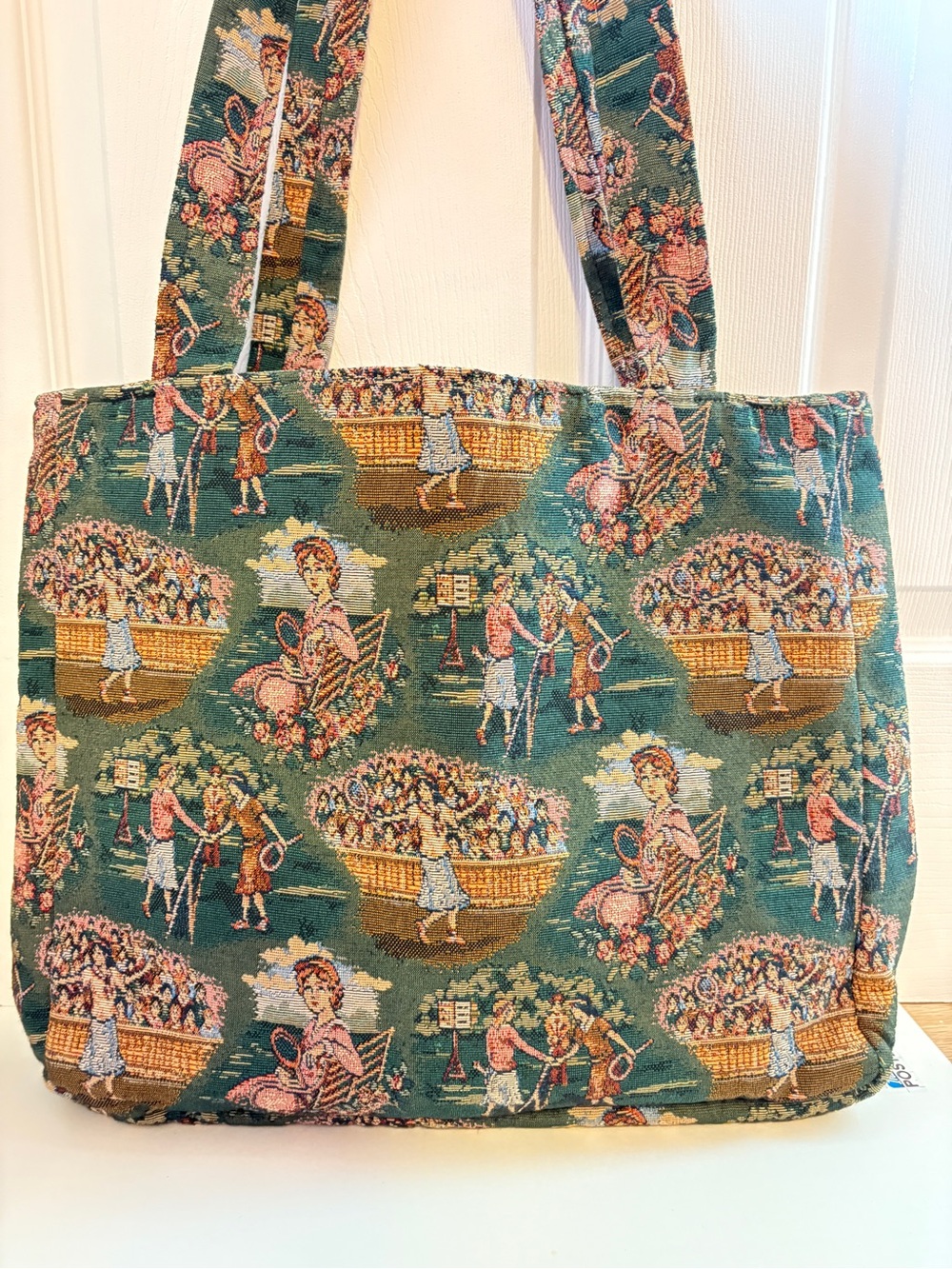 NWOT Green Tapestry Tote Bag with Vintage Women’s Tennis Scene Print